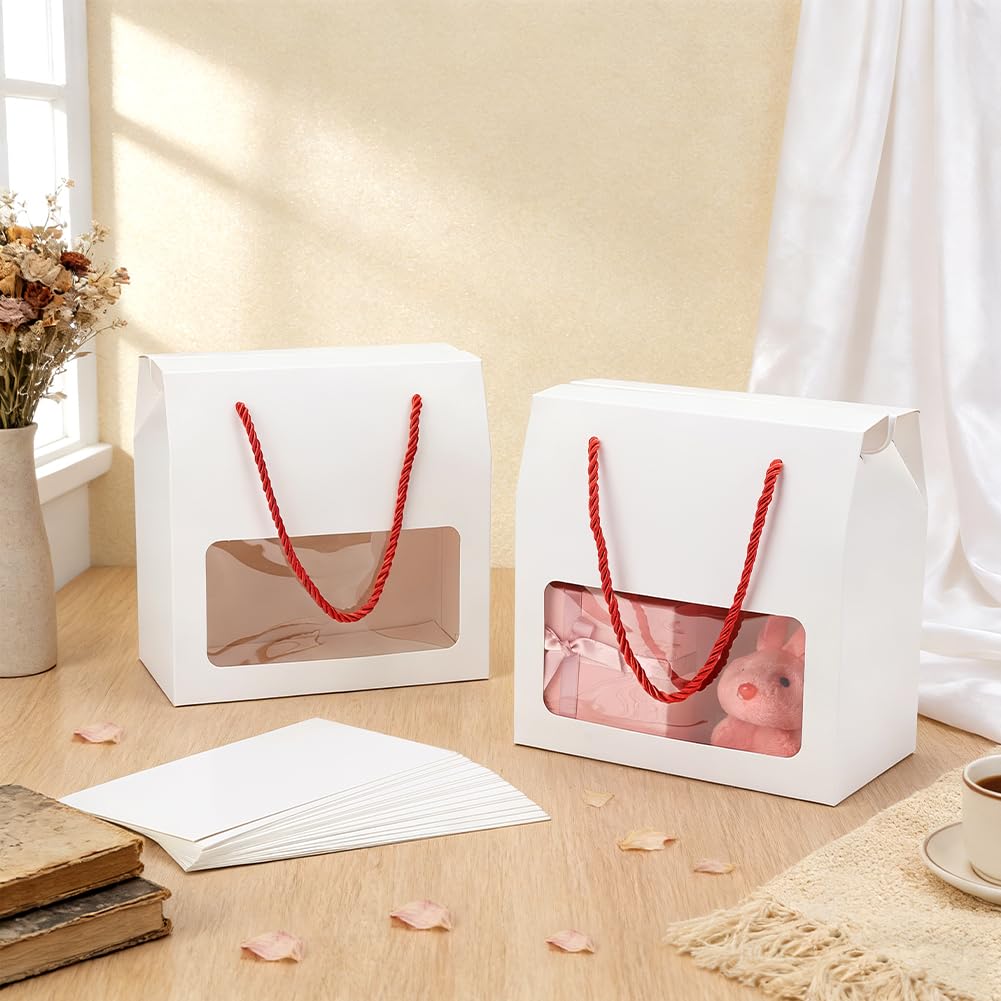 BENECREAT 20 Scatola di Carta Kraft con Manici, 18x10x18cm Scatole Regalo Bianche con Finestra Trasparente per Vendita Al Dettaglio, Feste, Regali