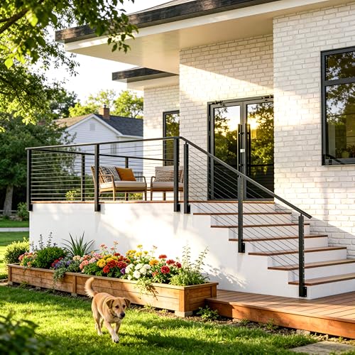Image of 3 Pack Side Mount Level Drilled Cable Railing Post 36 inchx2 inchx2 inch(Post Body 44 inch), Fixed Top Line Post with 11 Holes, Fascia Mount Stainless Steel Cable Deck Rail Post, Black Wood Concrete Deck Post
