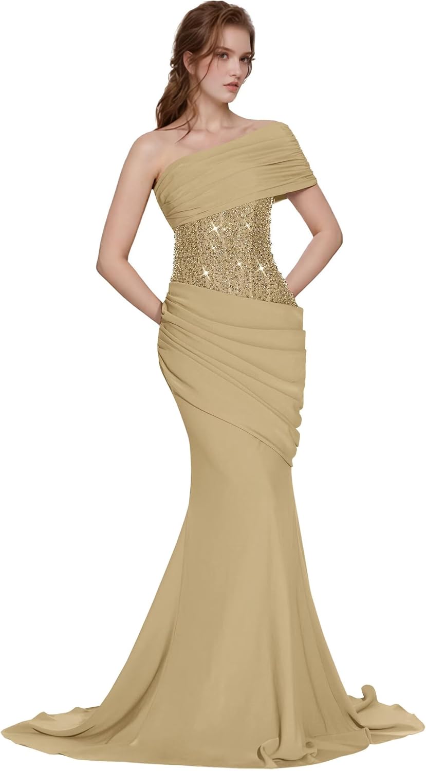 2026 Chiffon One Shoulder Wedding Guest Dress Sparkly Sequin Satin Evening Dresses Long Bridesmaid Dresses