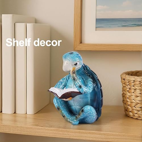 Miniatura 6 de Figuras de tortuga de lectura para decoración costera de playa, decoración náutica del océano, resina verde azulado, mini estatua de tortuga para