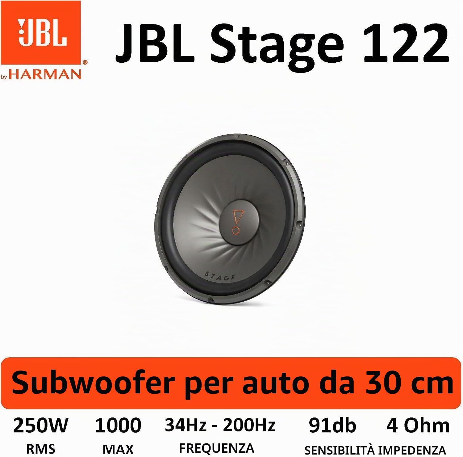 JBL Stage 122 Subwoofer Auto 300 mm (12”), passivo, 250W RMS e 1000W Max, 4 Ohm, 91 dB, risposta in frequenza 34–200 Hz, bobina da 2”, altezza incasso 15,4 mm, per box o installazione libera
