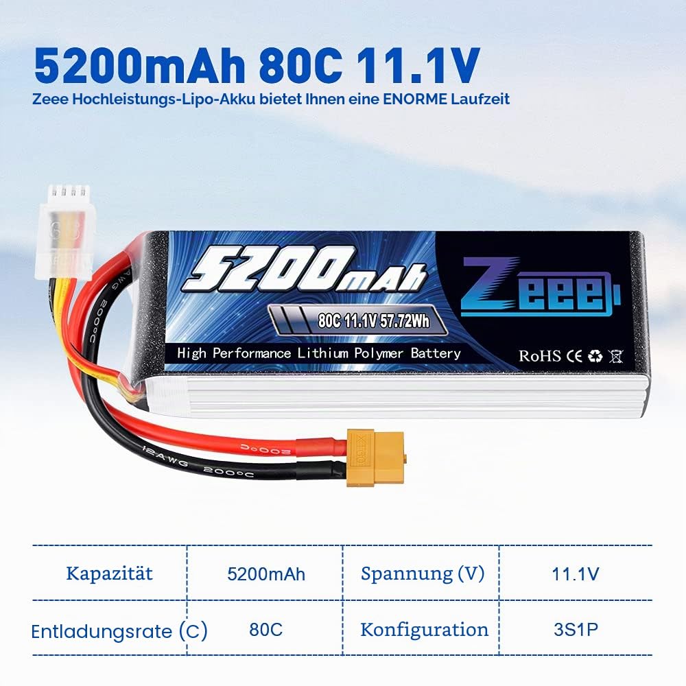Zeee 3S LiPo Akku 5200mAh 11,1V 80C mit XT60 Steck(2 Packungen) | RC Batterie für RC Auto, RC Flugzeug, RC Hubschrauber, RC Hobby