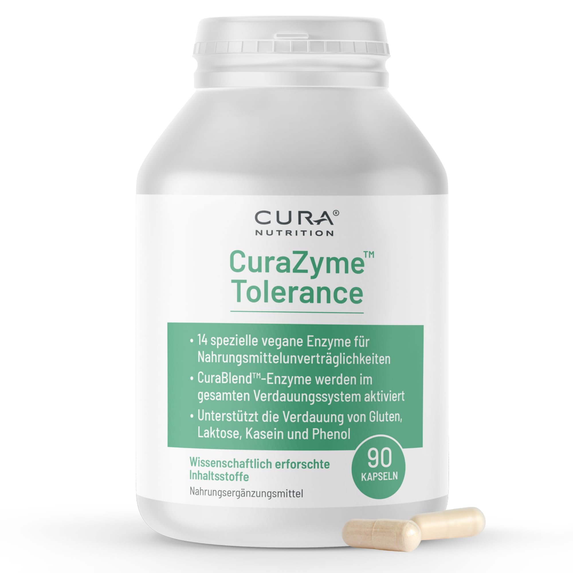 CURAZYME TOLERANCE (90 Kapseln) Enzymkomplex bei Lebensmittelunverträglichkeiten, Unterstützung der Verdauung von Gluten, Laktose, Hülsenfrüchten, Vegan