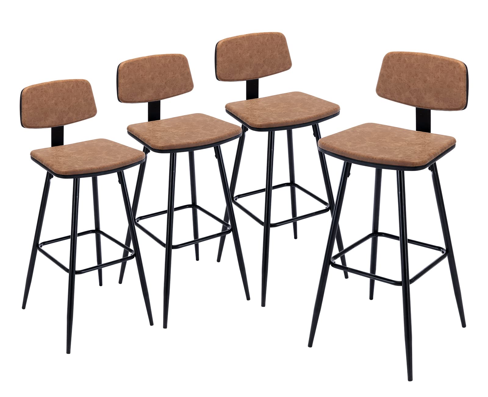 Kmax PU Leather Bar Stools 29” Industrial Counter Height Stools with Metal Legs Low Back for Kitchen Island Home Pub Mid Century Bar Stools, Brown-Set of 4