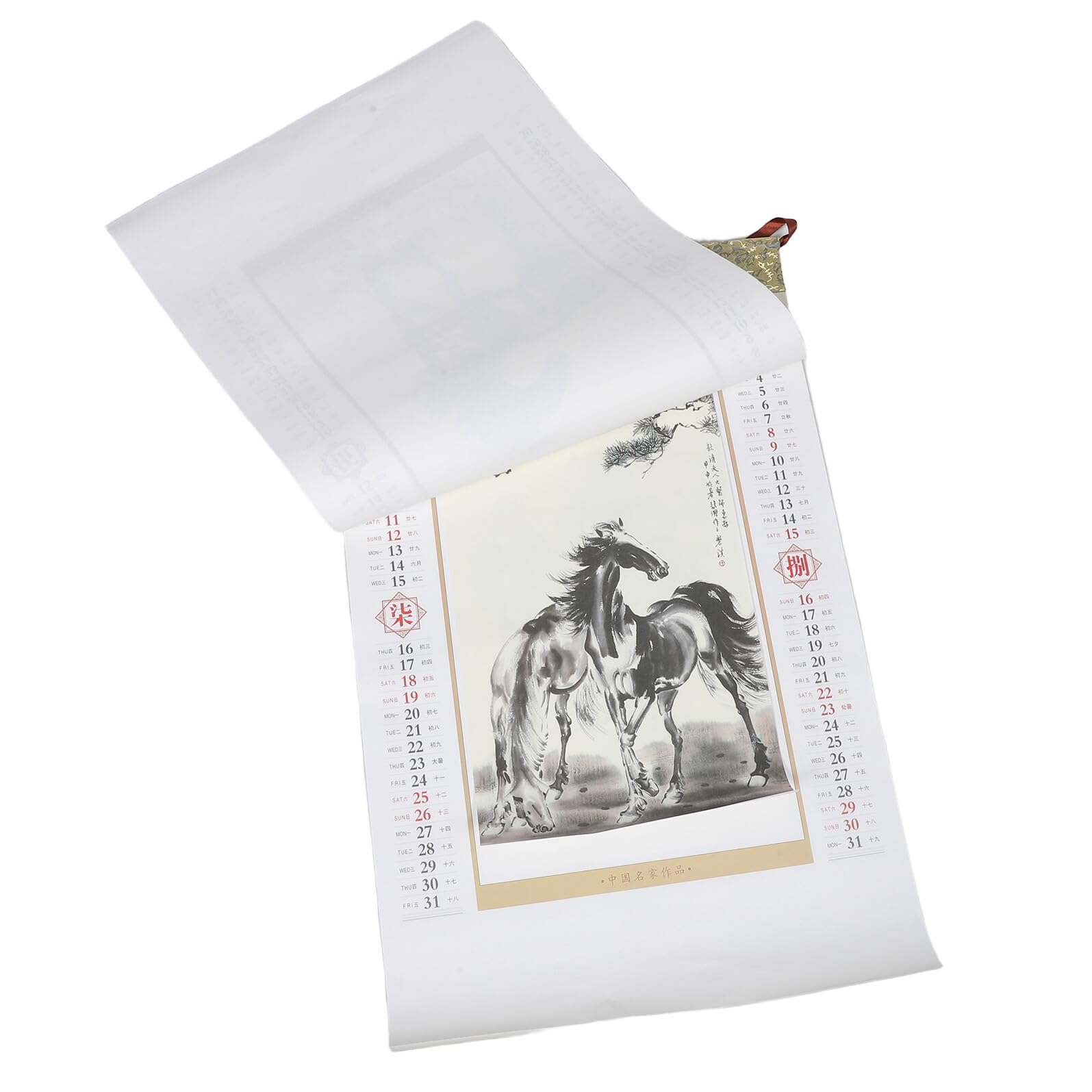 Calendario de Pared Año del Caballo Diseño Scroll con Caligrafía Calendario Mensual Lunar con Fases y Términos Solares Planificación Multifunción para Hogar y Oficina