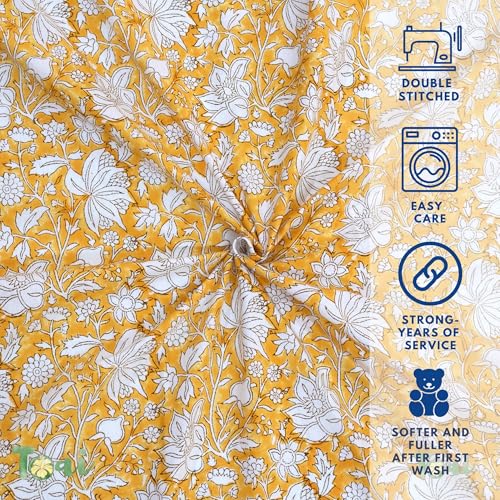 Image of TOAI Hand Block Printed Bedsheet | Bed Spread Flatsheet Bed Sheet | Pure Cotton | King Size 108 inchx108 inch |210 TC Long Luxury Cotton | 2 Reversible Pillow Covers |Mustard Yellow Klamkari
