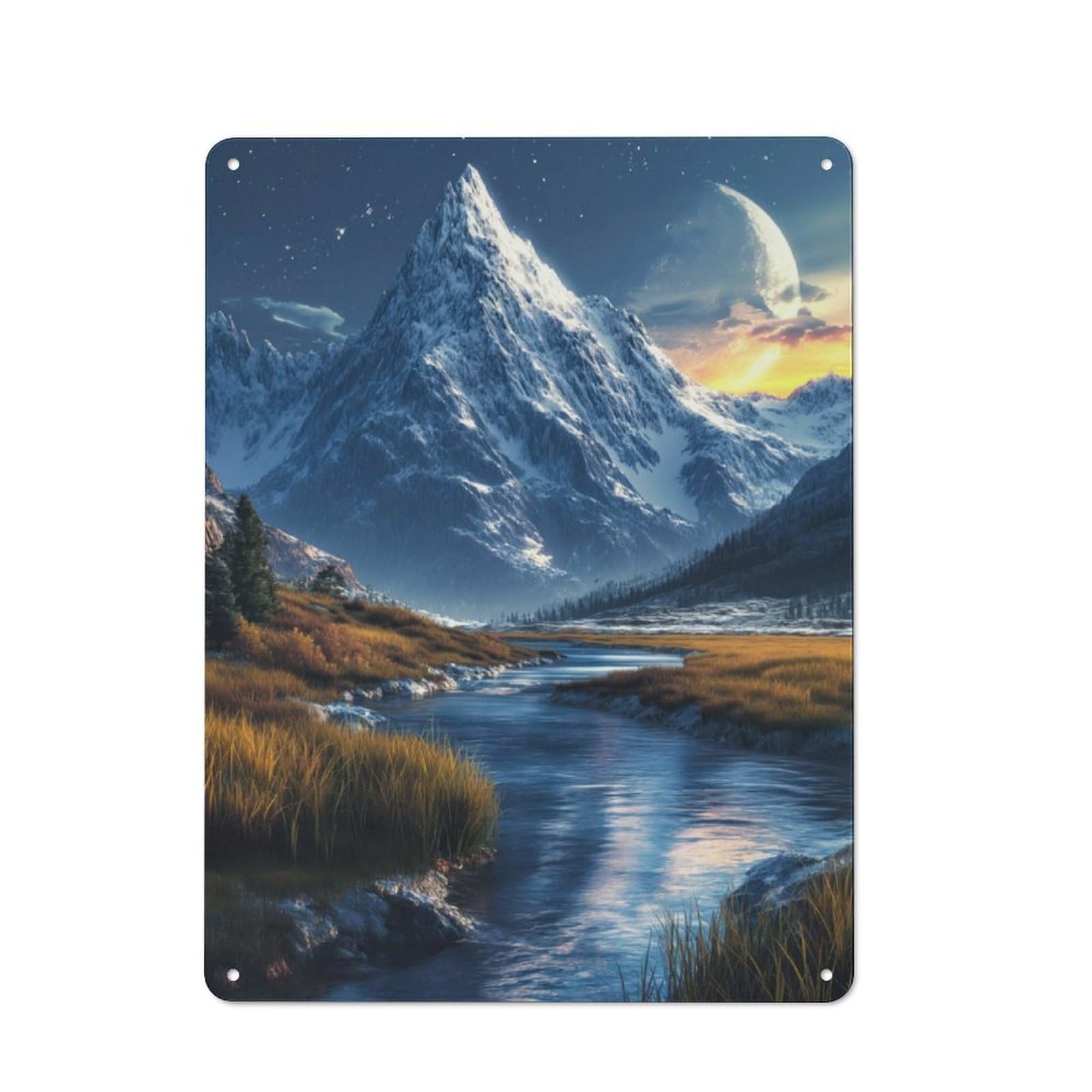 Junmoney Mountain Peak And River Retro Tin Wall Plaque 40X30cm For Studio Or Craft Room, Winter Wall Decor For Creative-Space Collectors