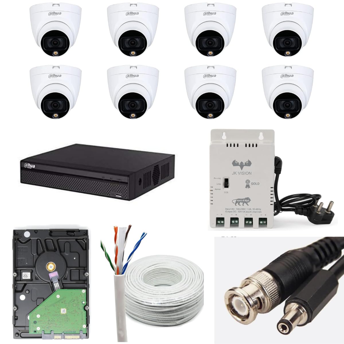 Dahua 2MP with Color HD with Audio CCTV Camera Full Set, 8 Dome, 8 Channel DVR, 8 Channel JK Vision Power Supply, 1TB Hard Disk, 90 Meter Cable, BNC/DC Connector