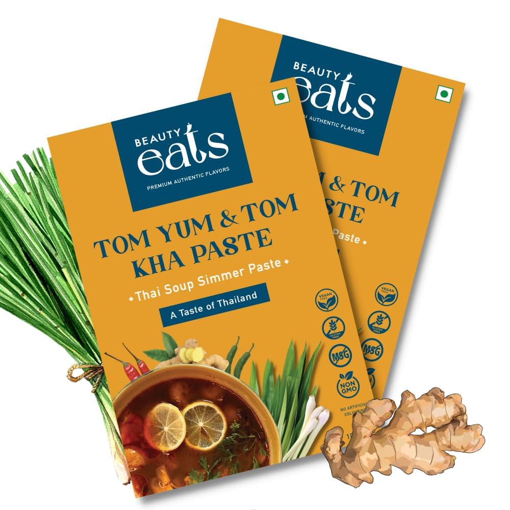 Beauty Eats Tom Yum & Tom Kha Paste | 100% Vegetarian Thai Paste | MSG Free | Preservative Free, Ready to Cook Thai Paste | No Artificial Coloring | Serves 5-6 people | Vegan (Pack of 2, 200gm)