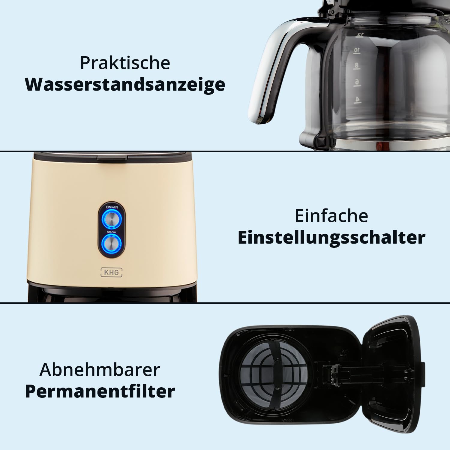 KHG Frühstücksset Wasserkocher Toaster Kaffeemaschine Creme Beige Retro 1,7 Liter 2 Toastscheiben 12 Tassen 360° Sockel