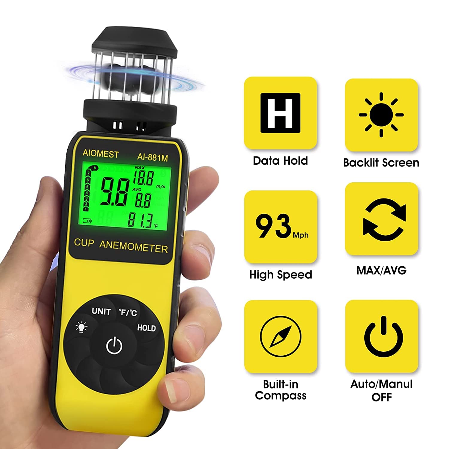 Anemometro Portatile Digitale Misuratori del Vento con Direzione Vento, Misuratore Velocità Vento 2.4~150 km/h per Esterni, Caccia, Surf, Droni, HVAC - Termometro Integrato - AIOMEST AI-881M