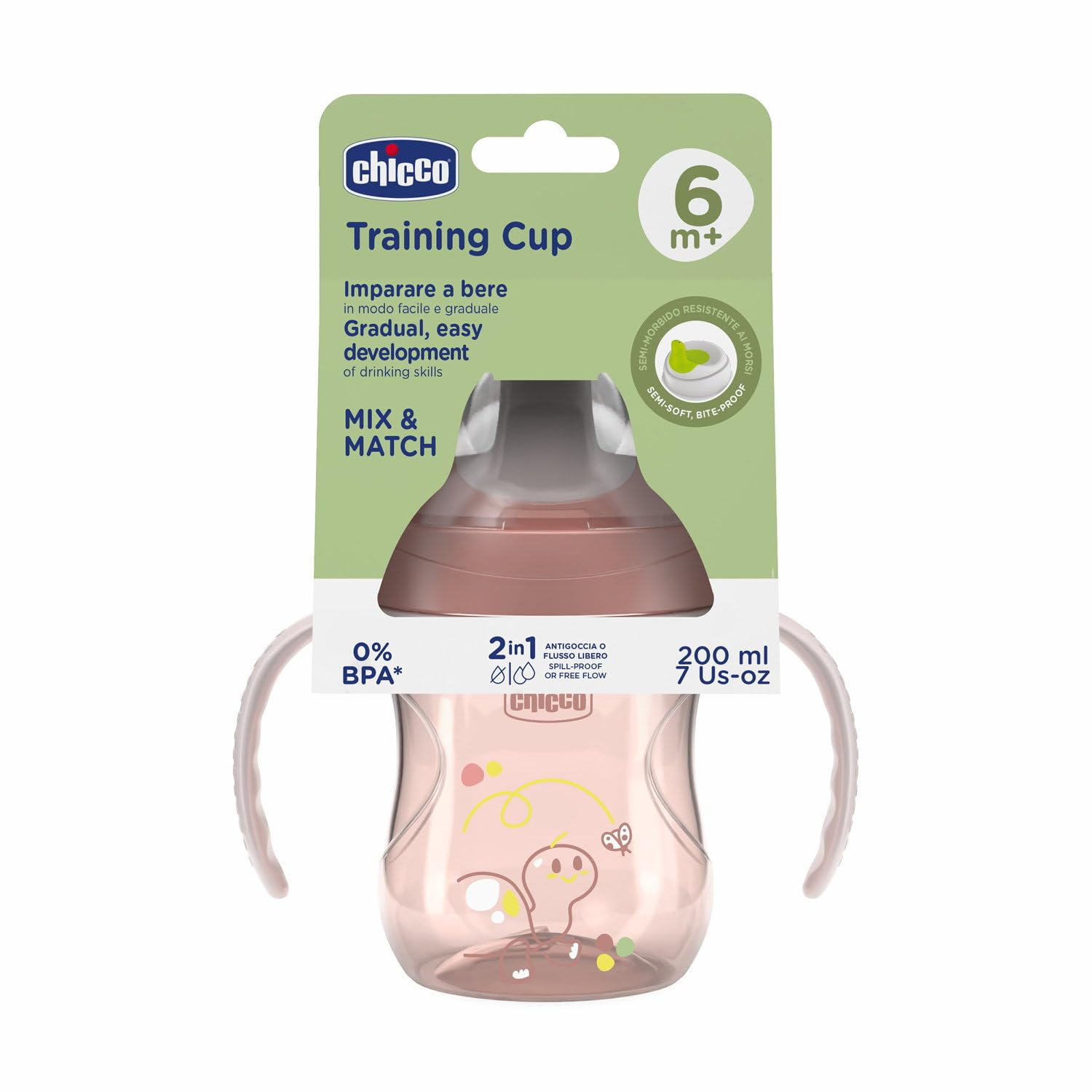 Chicco Training Cup, plastikowe jednokrotne szklane dzieci, jeden kubek do nauki picia, ergonomiczna półmiękka wylewka, zawór i wyjmowane uchwyty, 6 miesięcy +, bez BPA, różowy