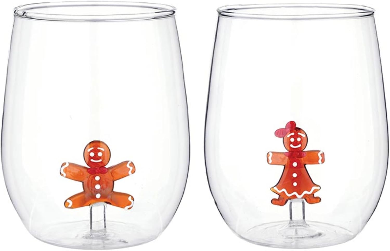 Slant Party Supplies - Stemless Wine Glass Set Holiday Drinking Glasses with 3D Gingerbread Figure, 19-Ounce, Brown