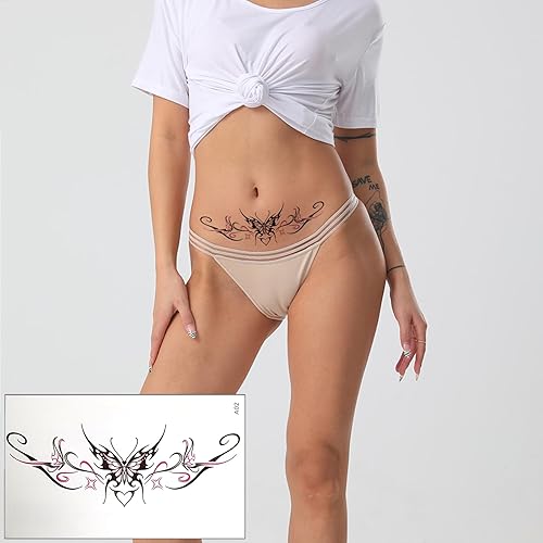 Miniatura 2 de Tatuajes temporales de flores sexys, 20 hojas, flores grandes, mariposa, encaje, ombligo, busto, estómago, glúteos, piernas, brazos, espalda baja,