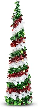 Collapsible Tinsel Christmas Tree, 5FT Red Green White Sequin Pop-Up Pencil Tree, Easy Assembly with Stand, Slim Artificial Xmas Decor for Indoor