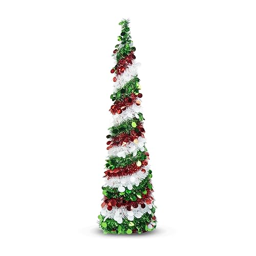 Goviraye Collapsible Tinsel Christmas Tree, 5FT Red Green White Sequin Pop-Up Pencil Tree, Easy Assembly with Stand, Slim Artificial Xmas Decor for Indoor