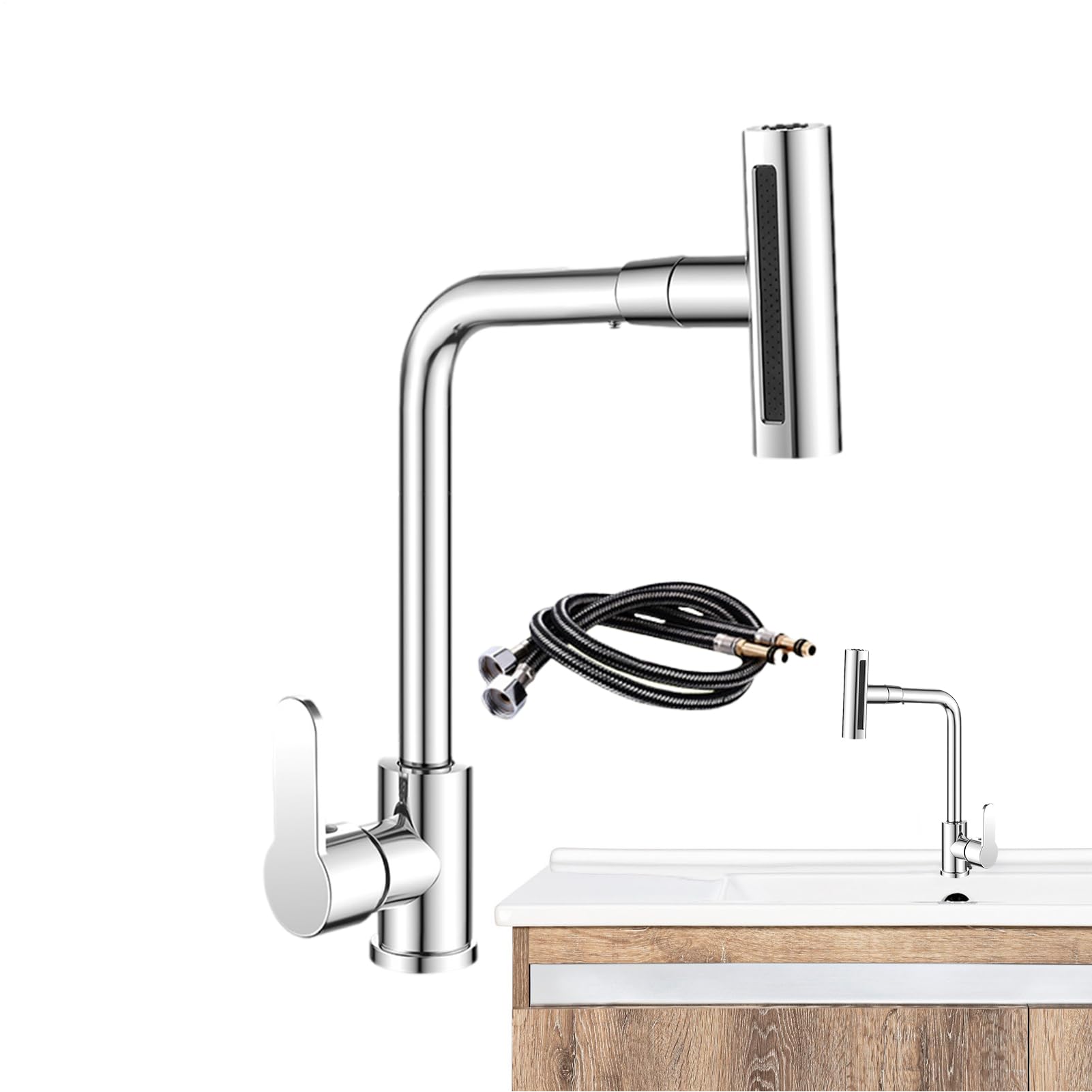 Robinet d'évier de cuisine extractible pour nettoyer sans éclabousser grâce aux 4 modes rotatifs