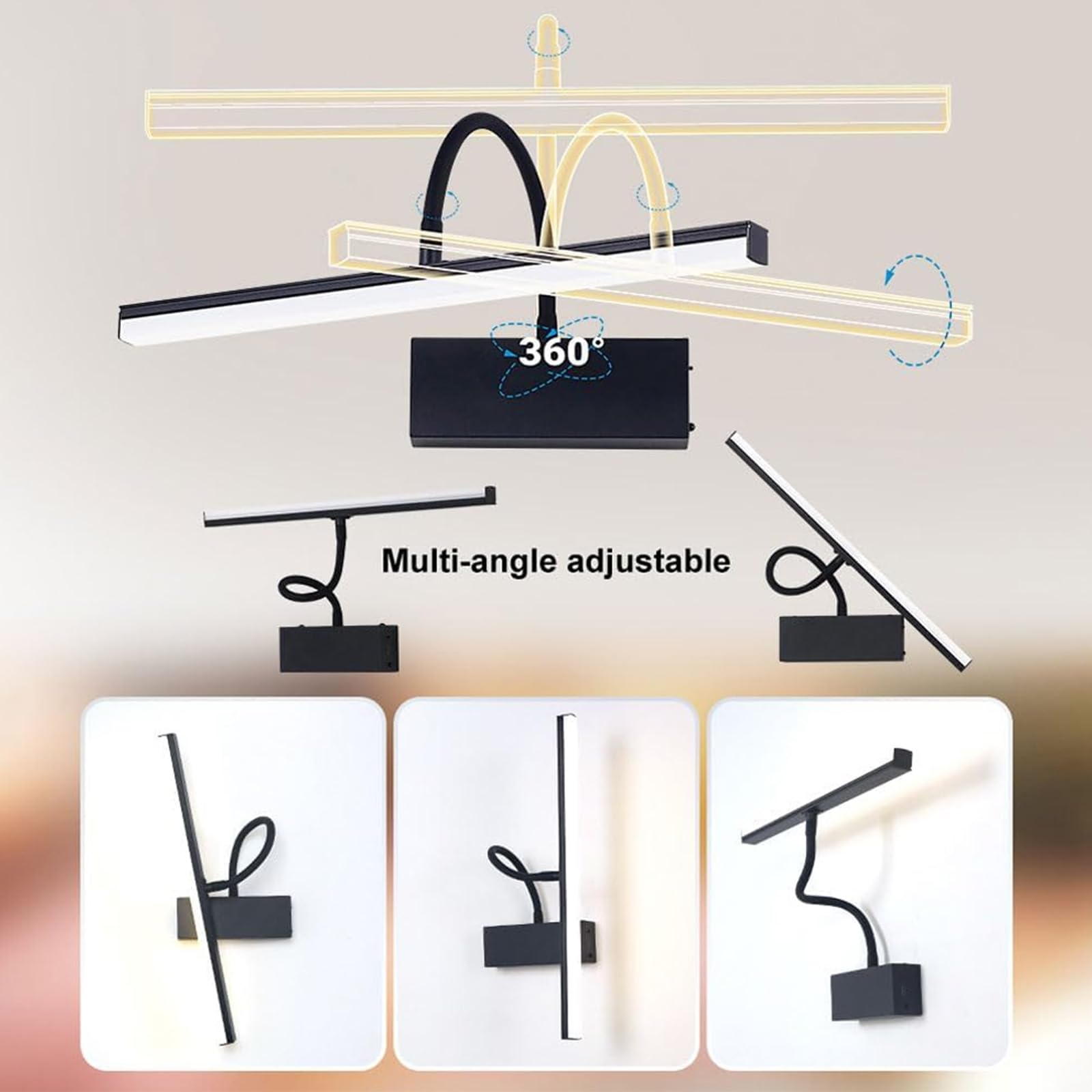 LED Luce Specchio Bagno Dimmerabile Applique da Parete con Telecomando Ricaricabile Iluminazioni per Pareti 360° Girevole Angolo Regolabile Lampada da Parete Quadri Soggiorno (Nero,2 Pezzi)