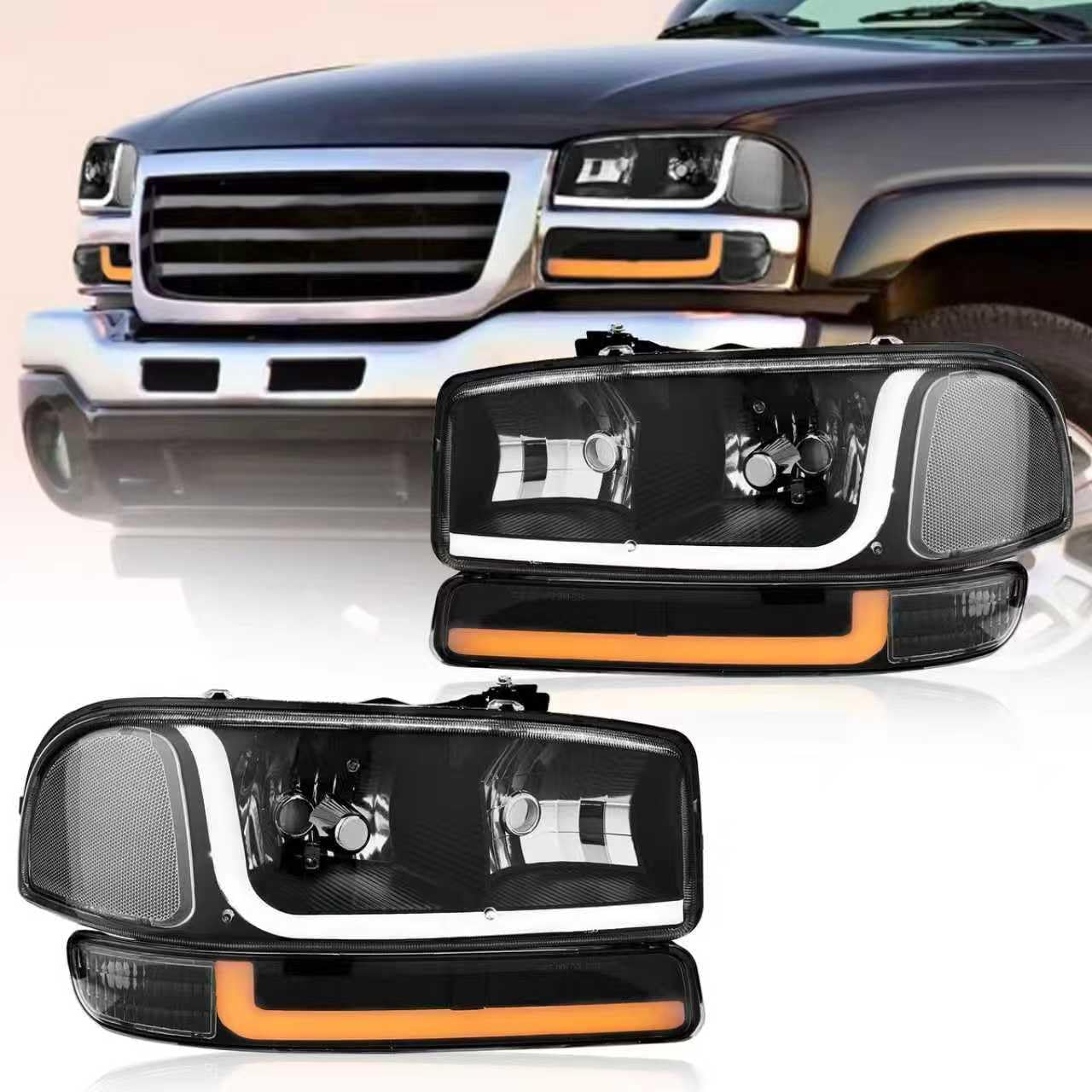 LED DRL Headlight, Headlights Assembly Kit Compatible with 1999-2007 GMC Sierra/1999-2006 Yukon Replacement Headlamp Black Housing Clear Reflector