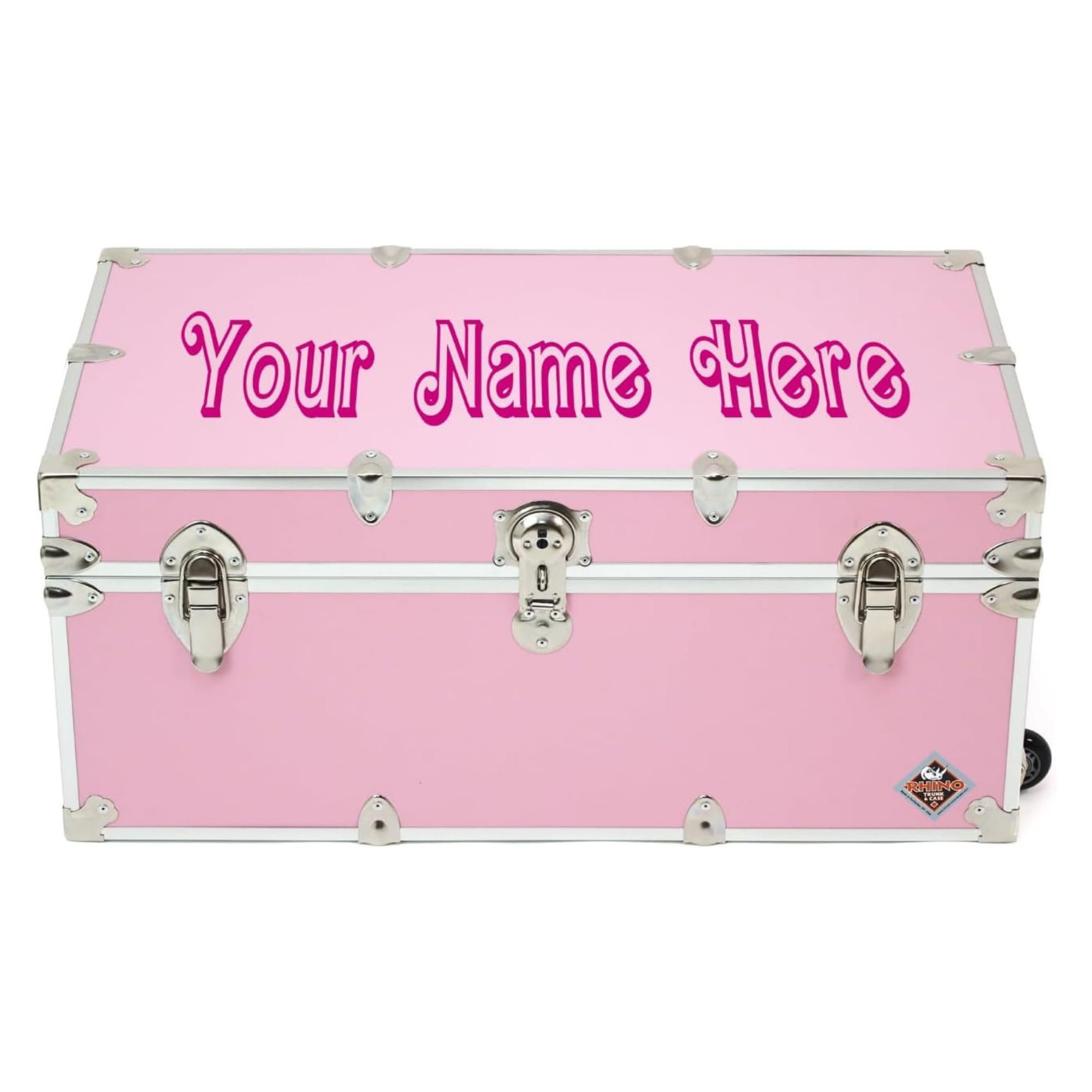 Rhino Trunk & Case Girls Personalized Pink Trunk with Wheels. 32"x18"x14", 1000+ lbs Capacity Steamer Style - Strong, USA Made Summer Camp Footlocker and Secure Dorm Storage Chest
