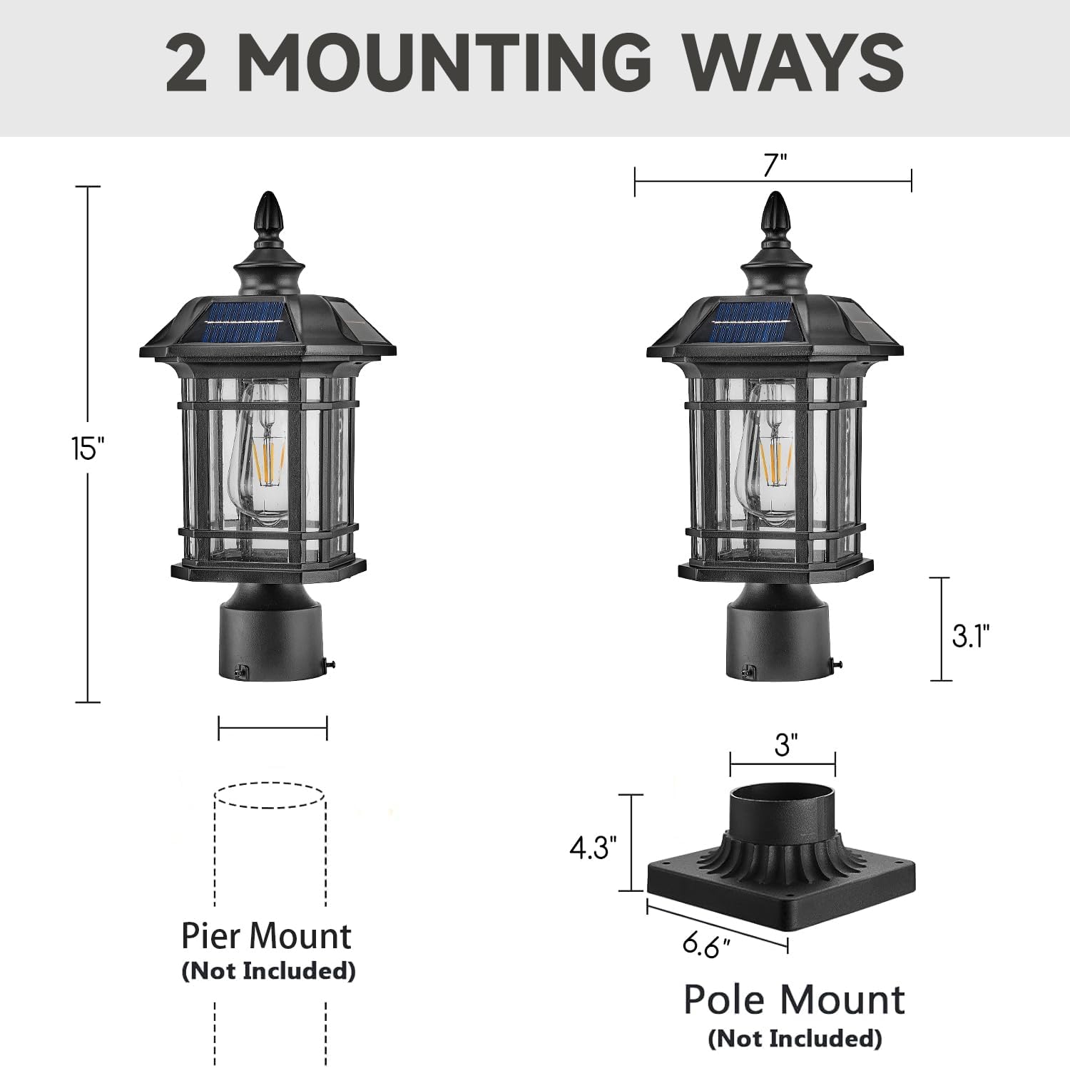 Solar Pole Lights Aluminum 15.1 Inch Solar Lamp Post Lights Outdoor Post Lights Hard Wired Waterproof E26 Socket Black Finish Include Remote Control and LED Bulb