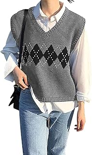 BZB Women's V Neck Sweater Vest Argyle Plaid Knit Casual Preppy Style Sleeveless Crop Sweater Tank Top