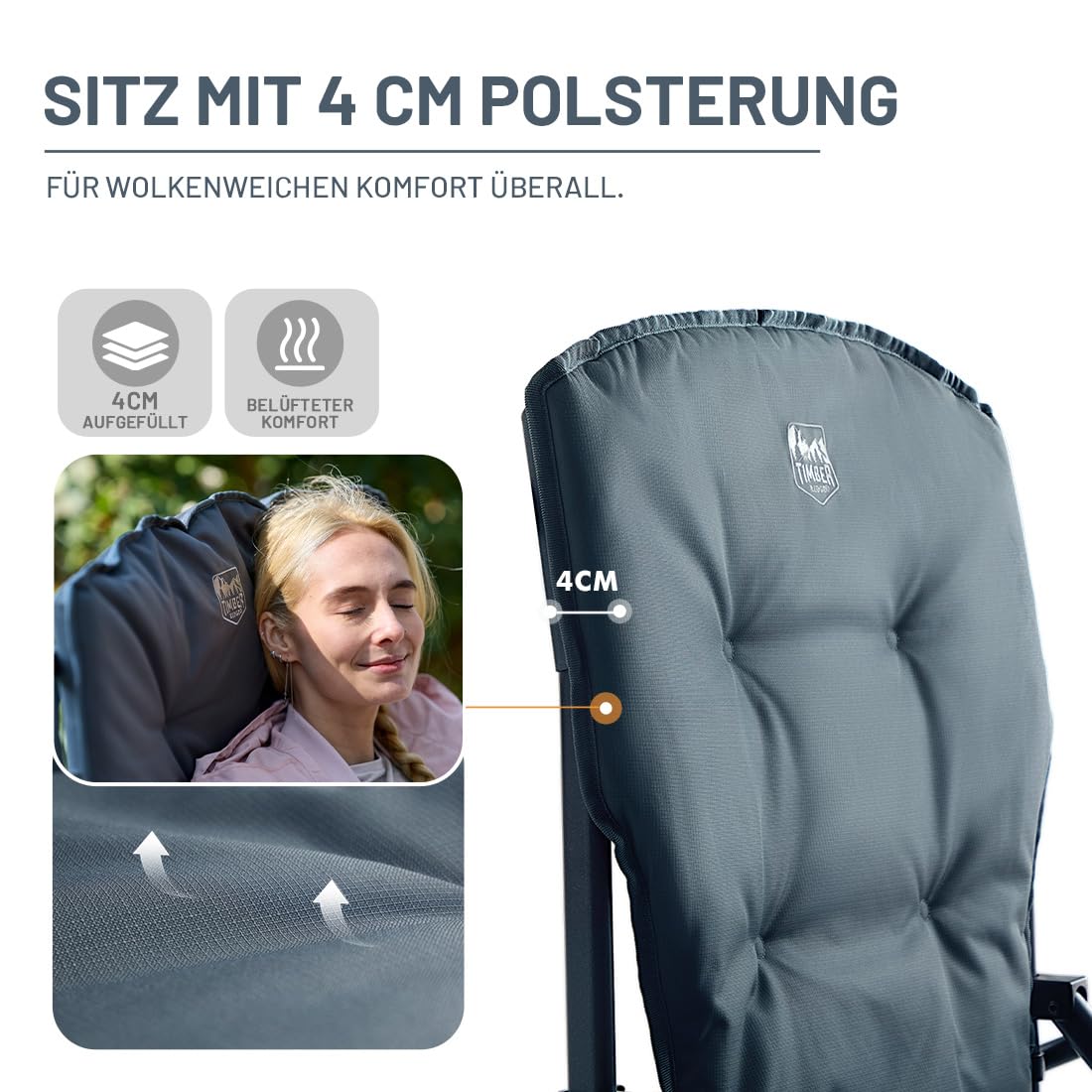 TIMBER RIDGE Campingstuhl Faltbar 4cm Gepolsterter Klappstuhl Camping 62cm Breiter Sitz & 68cm Hohe Rückenlehne Faltstuhl Belastbar bis 230kg mit Kühltasche & Getränkehalter für Camping Angeln Garten