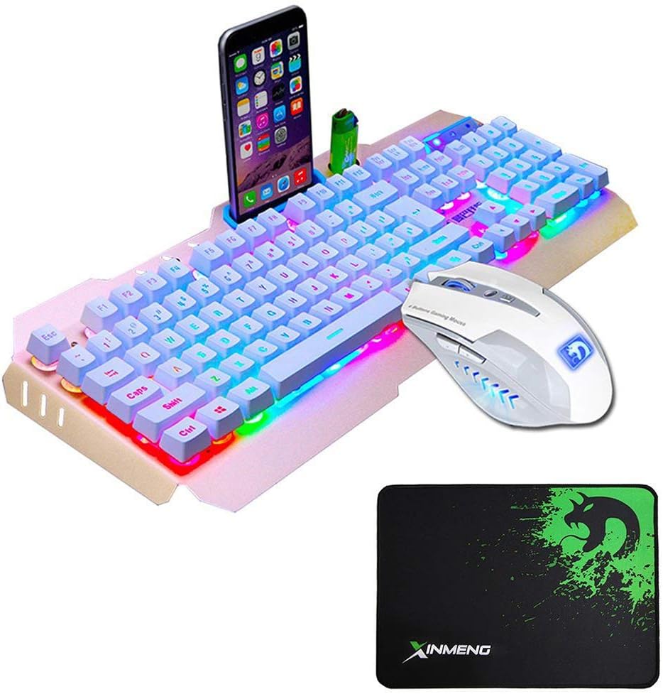 LexonElec@ Technology Keyboard Mouse Combo Gamer Wired Rainbow LED Backlit Metal Pro Gaming Keyboard + 2400DPI 6 Buttons Mouse + Mouse Pad for Laptop PC (White & Rainbow Backlit)
