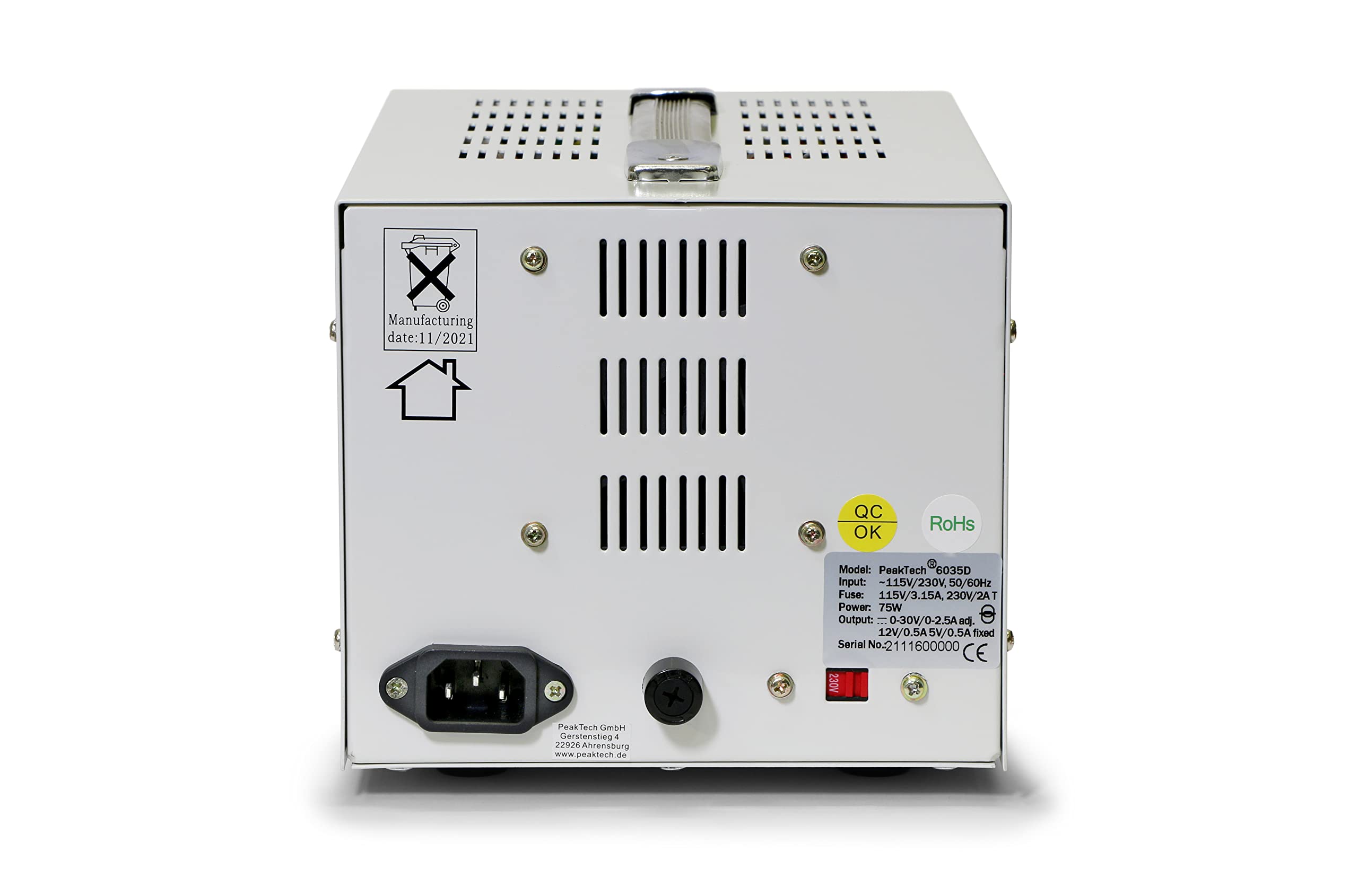 Peak Tech 3 canali geregeltes lineare DC Laboratorio dispositivo di alimentazione 0 – 30 V/0 – 2,5 a miscela bar e 5/12 V/0,5 A TENSIONE FISSA CON TRASFORMATORE DI SICUREZZA, 1 pezzi, P 6035 D