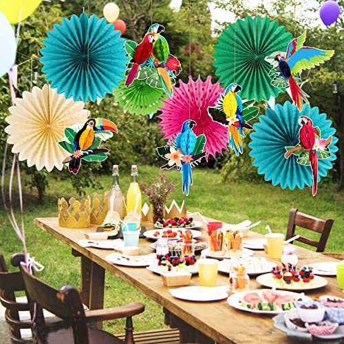 Image of Paper Jazz Tropical Parrot Party Decorations Hawaii Luau Hanging Paper Fans | Green Teal Color, Jungle /Tiki /Hawaii Birthday Decoration Includes 12Pcs Fans & Poms For Beach Summer Party, Luau Theme Party