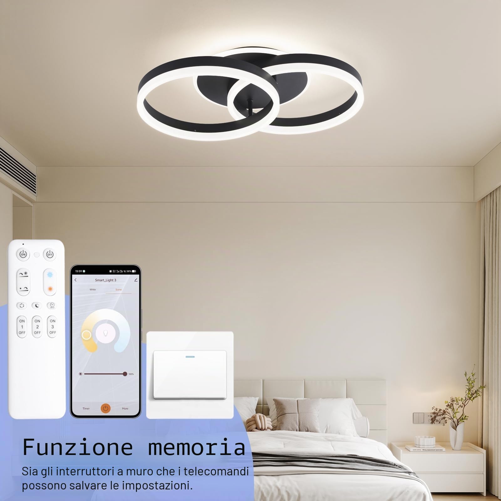 Smart Plafoniera LED Alexa, φ50 cm Design 2 Ring, Lampada da Soffitto 36W, Dimmerabile con Telecomando, Metallo+Acrilico, per Cucina, Camera da letto, Sala da Pranzo Nero