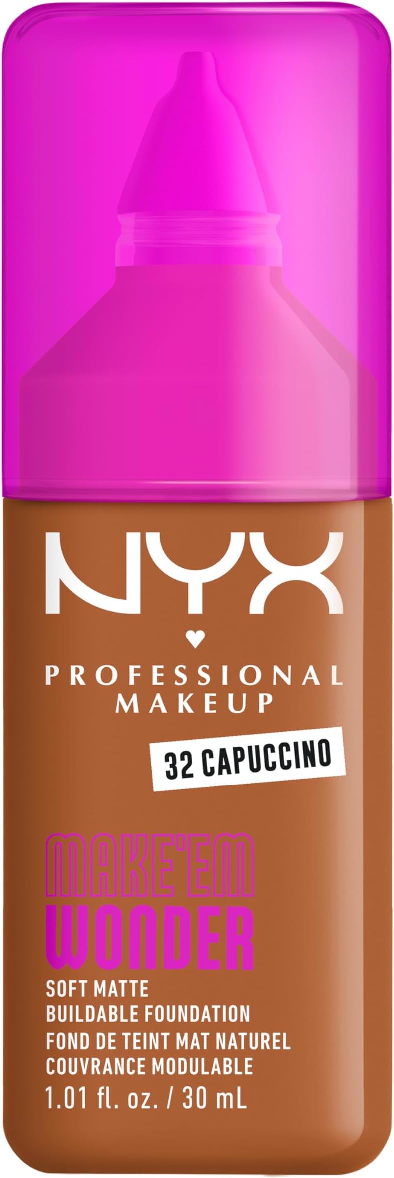 Make 'Em Wonder Liquid Foundation, 24HR Foundation Makeup With A Soft Matte Finish, Buildable Full Coverage - 32 Cappuccino