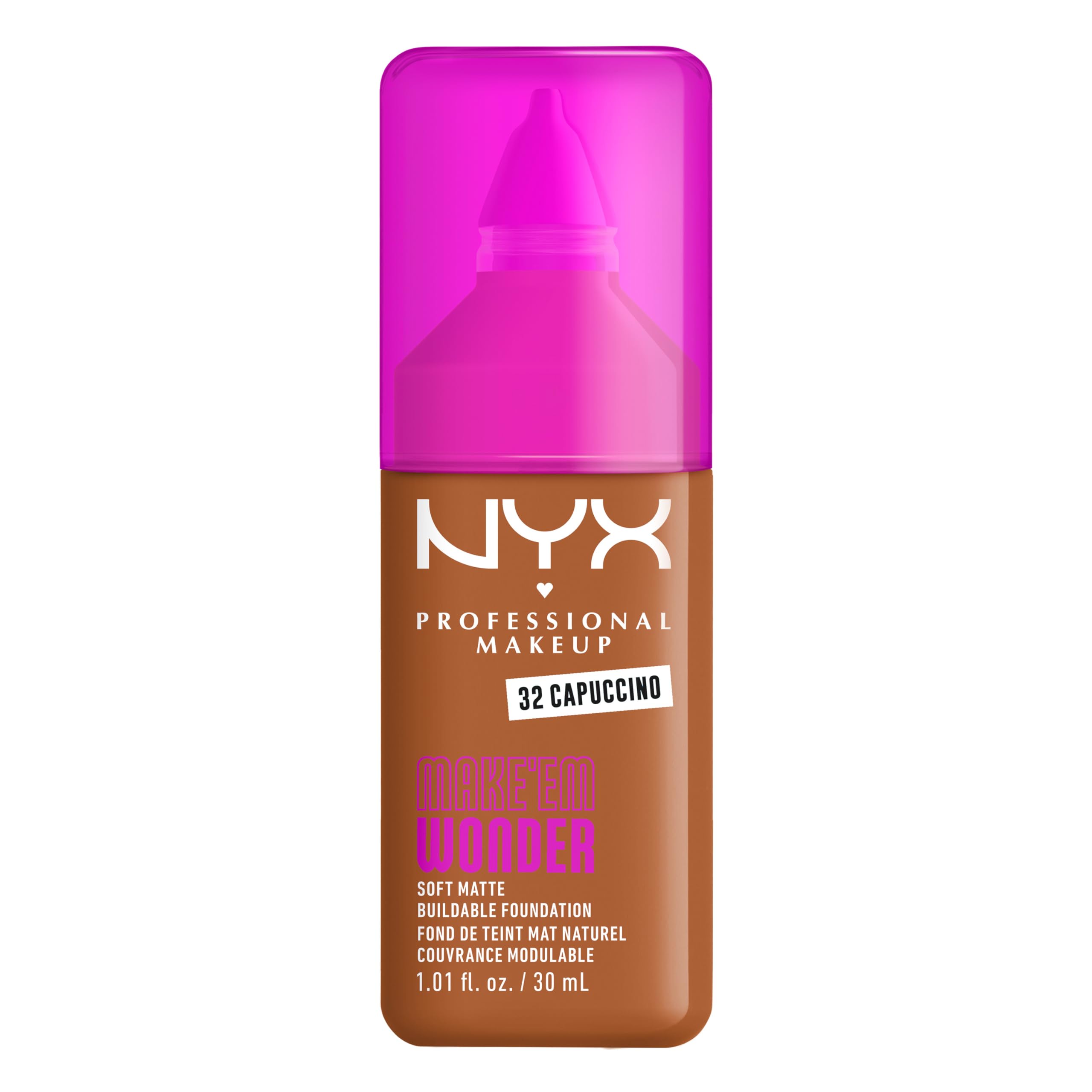 NYX Professional Makeup Make 'EM Wonder, Up to 24 Hour Soft Matte Foundation, Undetectable Finish, Waterproof, Sweat and Transfer Resistant, Shade: 32 Capuccino