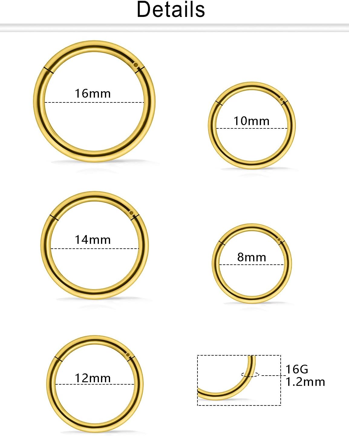 10PCS 16G Surgical Steel Hinged Clicker Segment Septum Lip Nipple Ring Hoop Cartilage Tragus Helix Sleeper Earrings Piercing Jewelry for Women Men 8mm 10mm 12mm 14mm 16mm