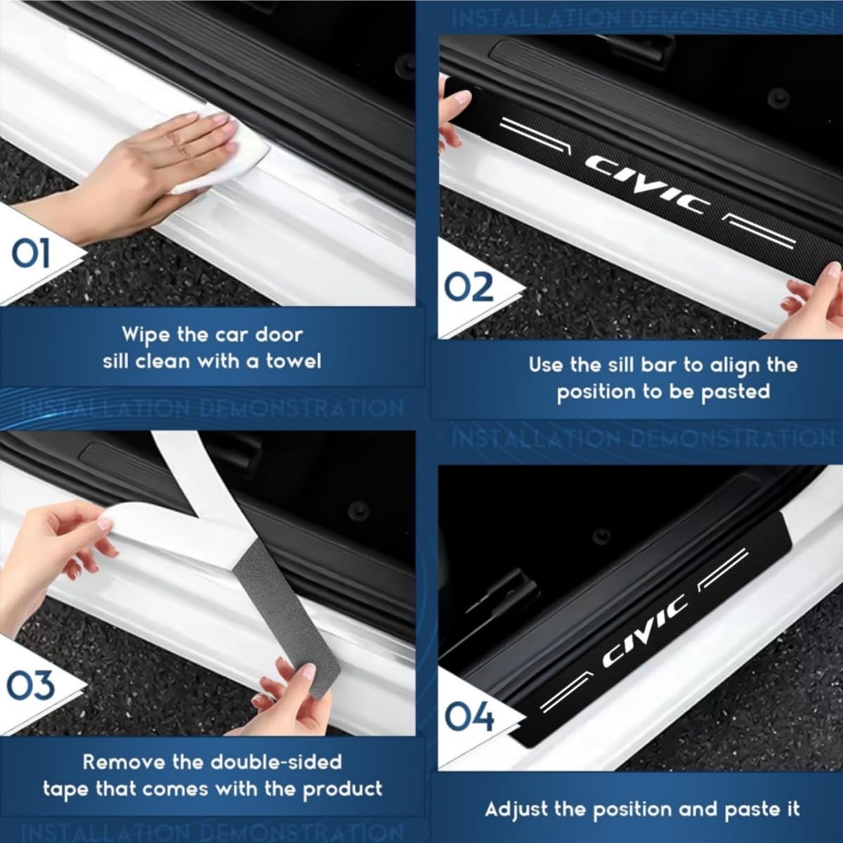 4 PCS Car Door Sill Protector Compatible with Civic Carbon Fiber Door Entry Guard Sticker Scuff Plate Cover Guard Sills Protector Trim (White)