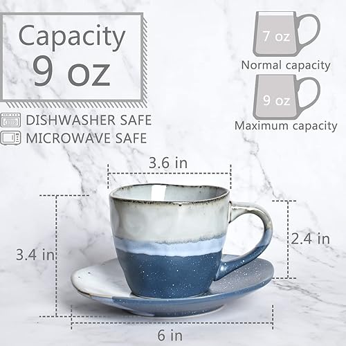 Miniatura 2 de Bosmarlin Juego de 2 tazas de café de gres con platillo para café con leche, capuchino, té, onzas, lavavajillas y microondas (azul, 2)