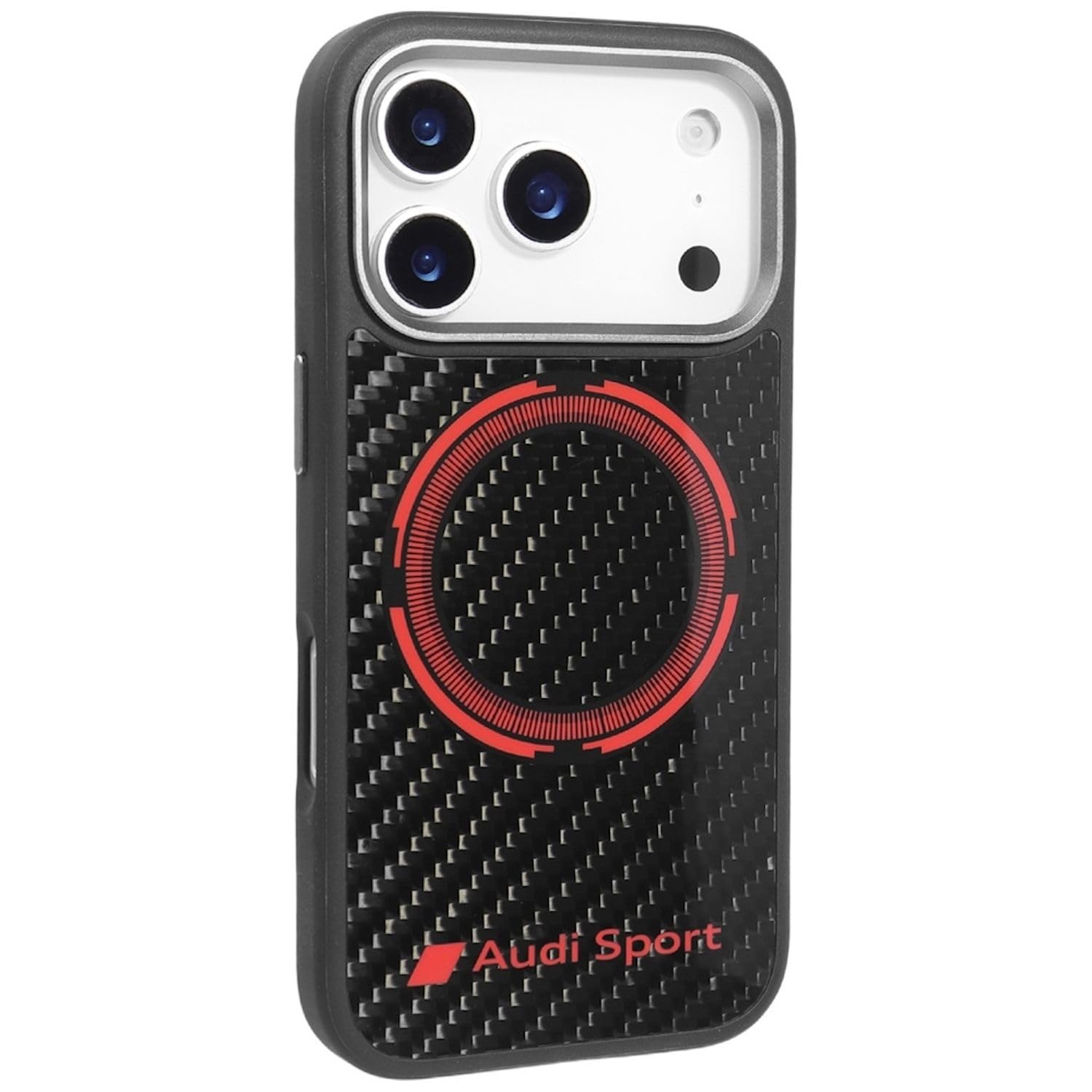 Audi RSQ Sport Cercle rouge en fibre de carbone compatible avec MagSafe Coque pour iPhone 17 Pro Max (Noir)