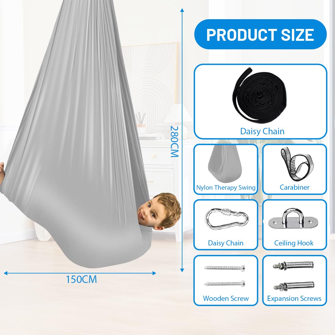 Balançoire sensorielle d'intérieur for Enfants - Jouets sensoriels - Livrée avec du matériel Robuste et Un Tissu en Nylon Doux for Un Effet apaisant(Grigio)