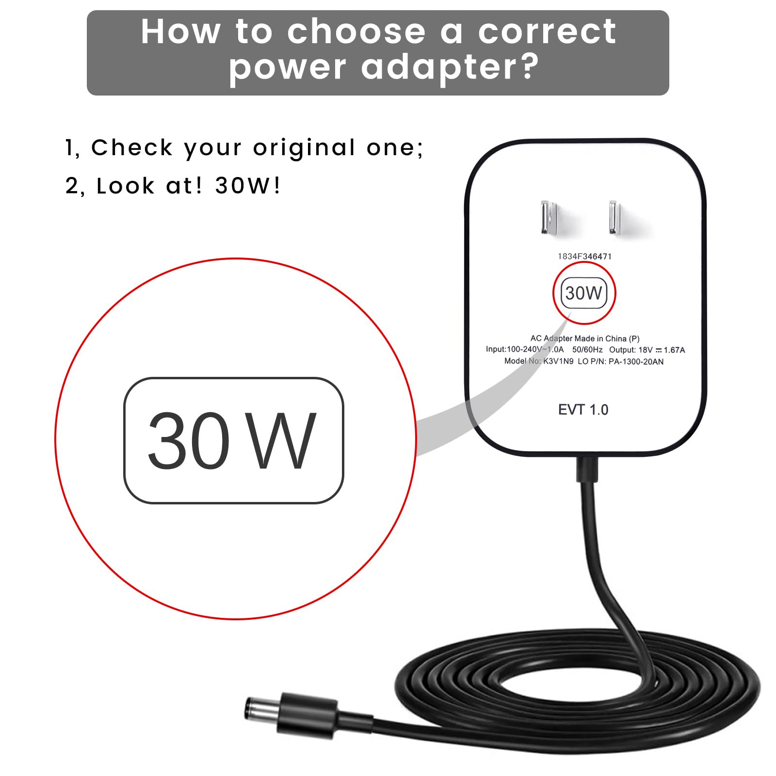 Chargeur 30W Pour Echo Show 8/10/15, Echo 3e/4e Gén, Echo Plus 2e Gén - Câble 1,5 M - Alimentation Stable 18V 1.67A - 6