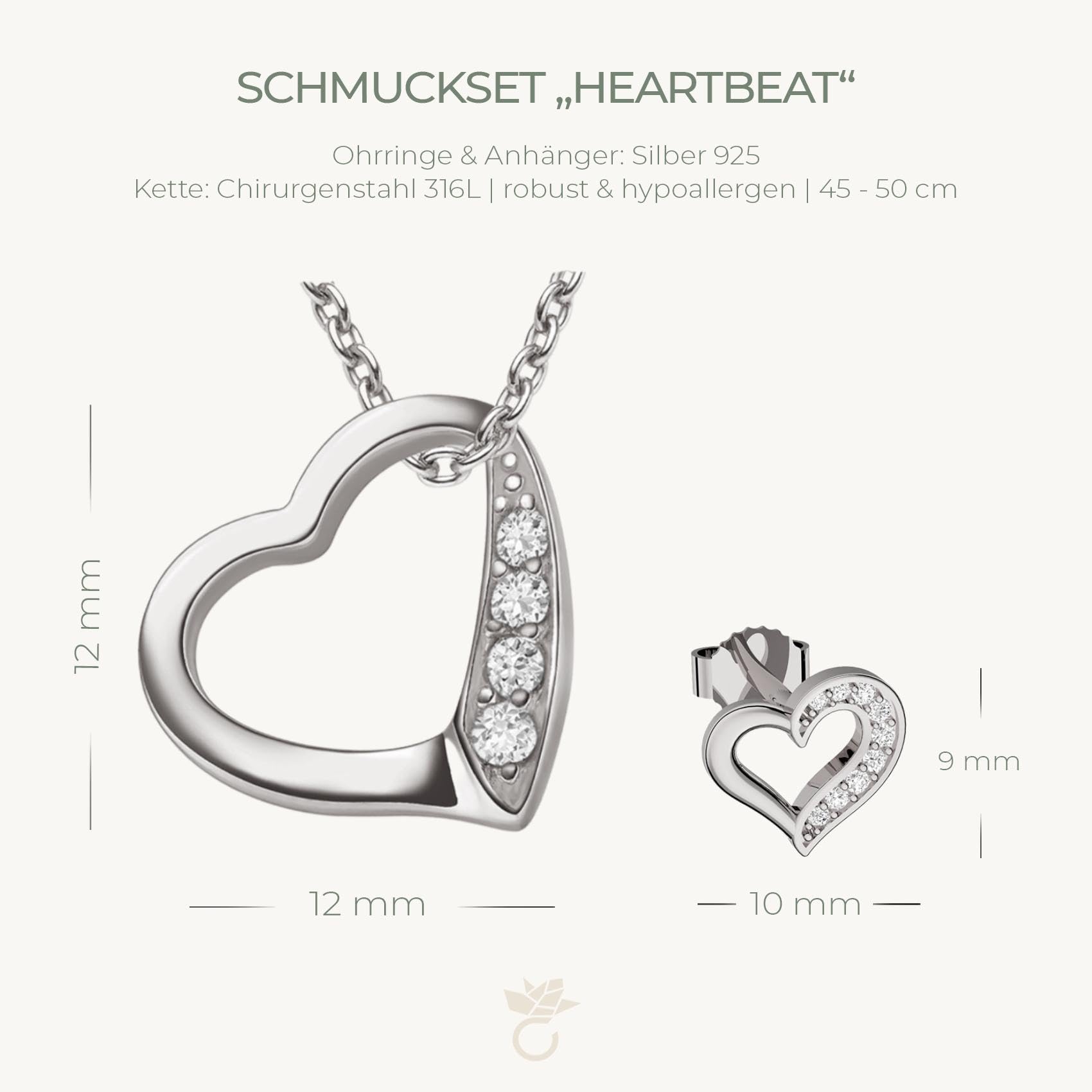 Schmuckset Herzkette Silber 925 und Herz Ohrringe von AMOONIC mit Zirkonia