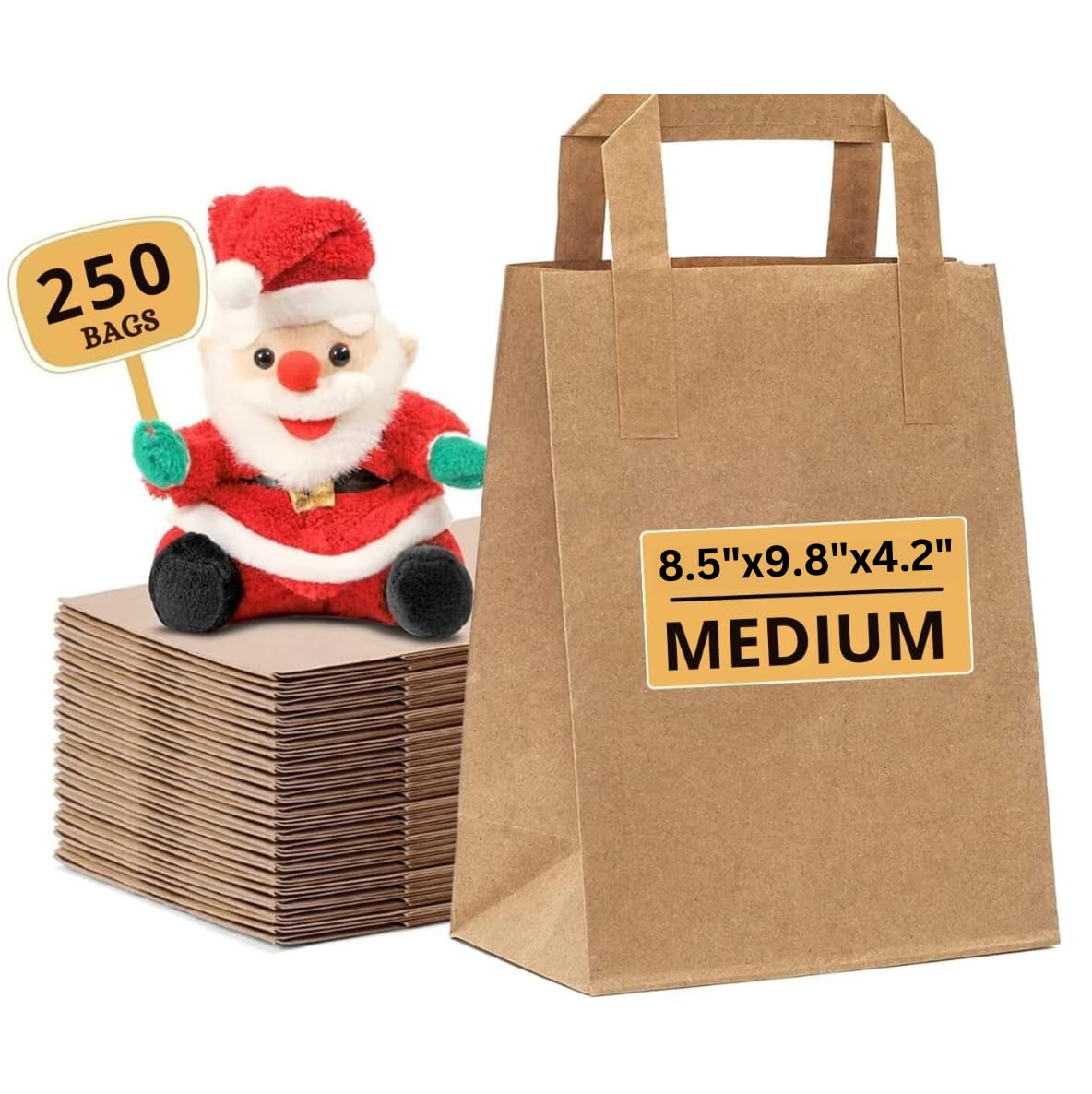Paper Bags with Handles - 250 Medium Brown Paper Bags (W8.6" x H10" x D4.3") SOS Kraft Bags - Perfect for Lunch, Party, Gift, Storage, Packaging, Grocery, Takeaway, Shopping, Sandwich — image 1