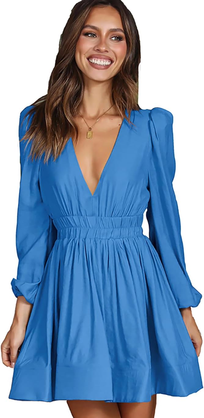Plustrong Mini Deep V Neck Long Sleeve Dress for Women A Line Flowy Short Cocktail Wedding Guest Dresses