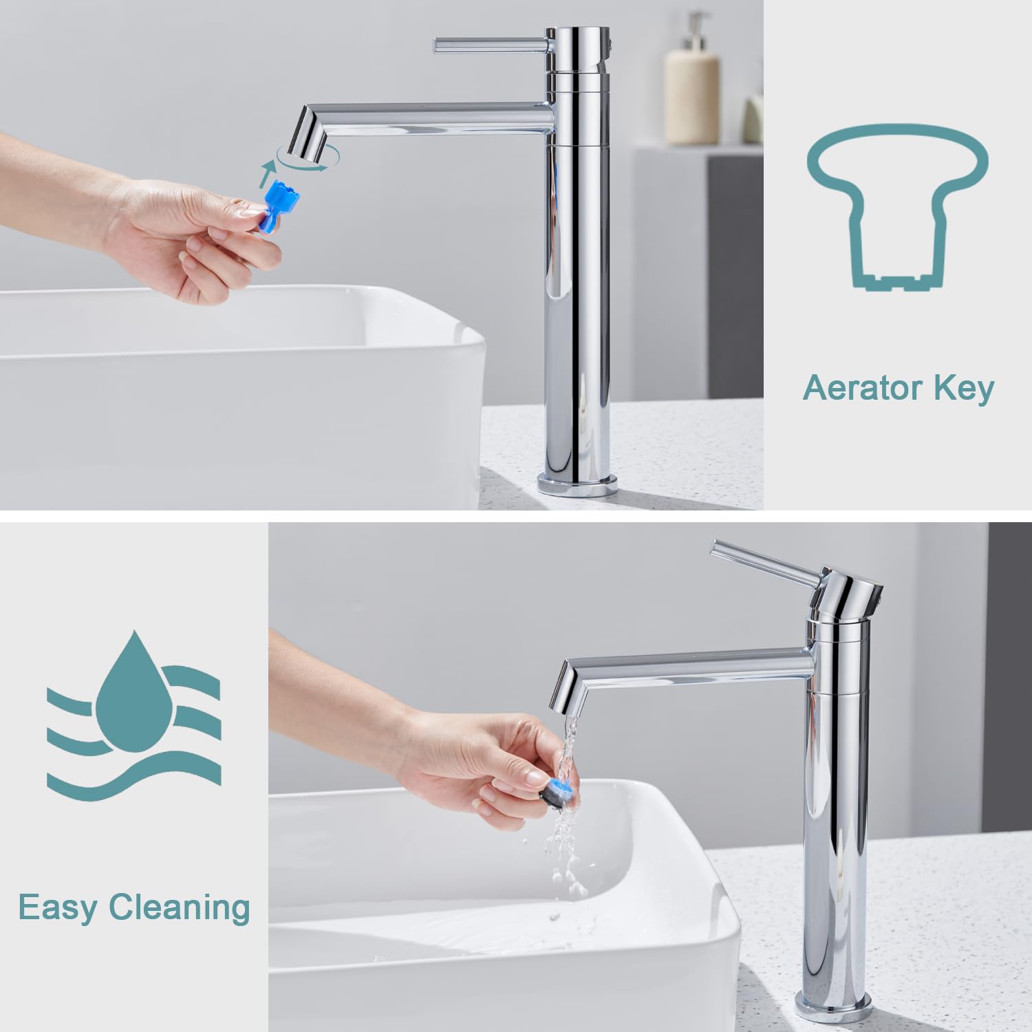 Ulytid Rubinetto per Lavabo Alto, Miscelatore per Lavabo in Cromo, Rubinetto per Il Bagno Con Rotazione a 360°, Altezza Del Beccuccio 204mm, Miscelatore Monocomando
