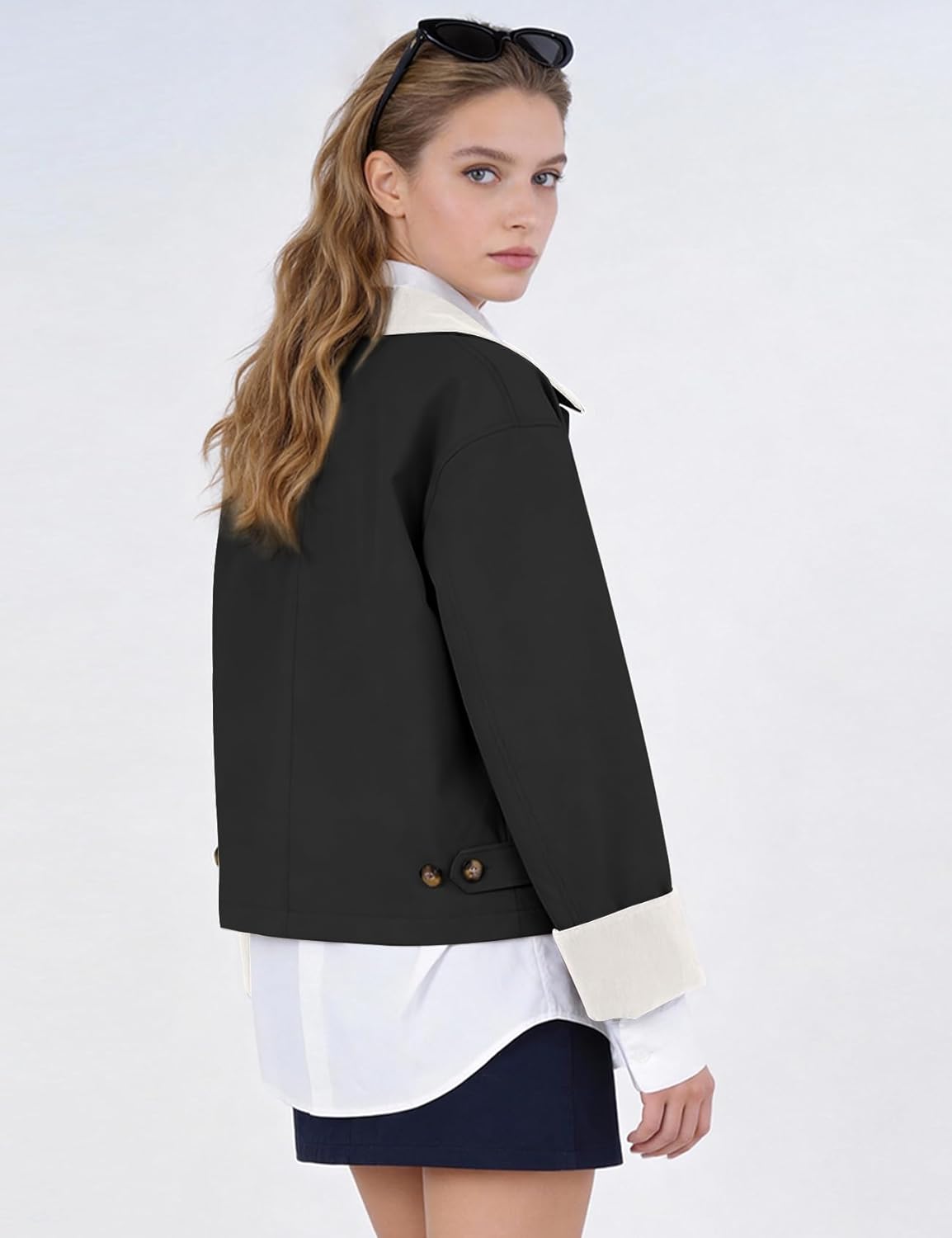 PEHMEA Women's Casual Cropped Jacket Trench Coat Contrast Collar Loose Lightweight Barn Jacket 2026 for Spring Fall