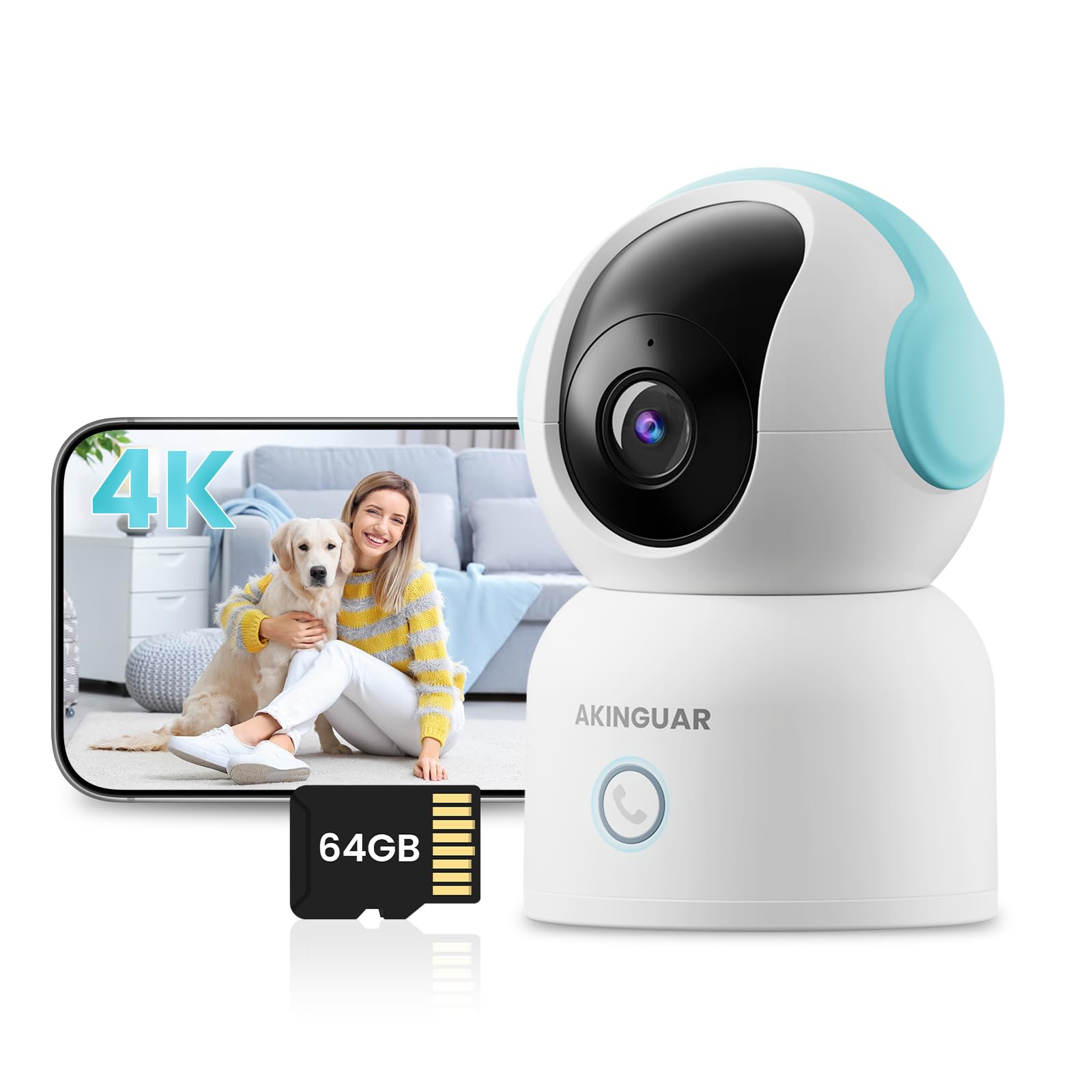 AKINGUAR Security Camera Indoor with 64GB Memory Card, No Monthly Fee