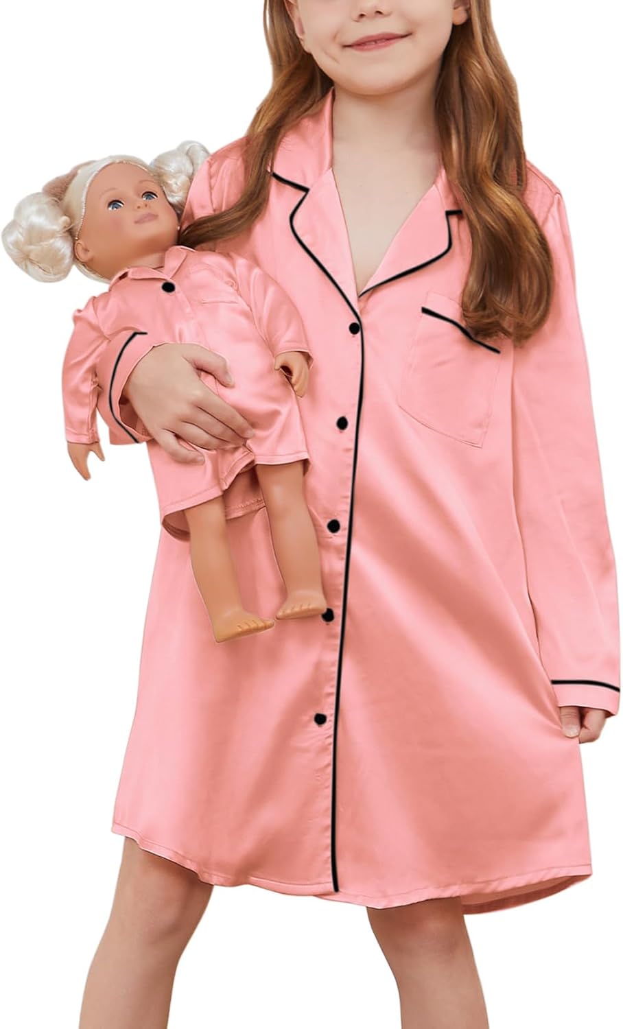 Jxstar Matching Girls& Doll Satin Nightgowns Silk Pajamas Sleepwear Long Sleeve Night Dresses