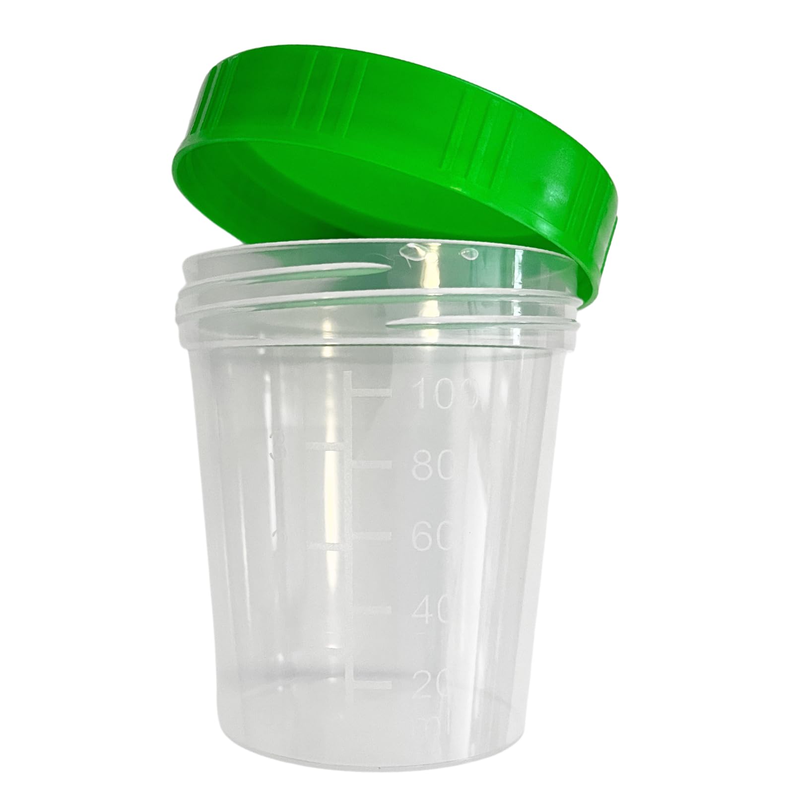 Wysokiej jakości kubek do moczu, pojemność 125 ml, z podziałką do 100 ml, szczelny, odporny na zamrażanie, z zieloną zakrętką, (10)