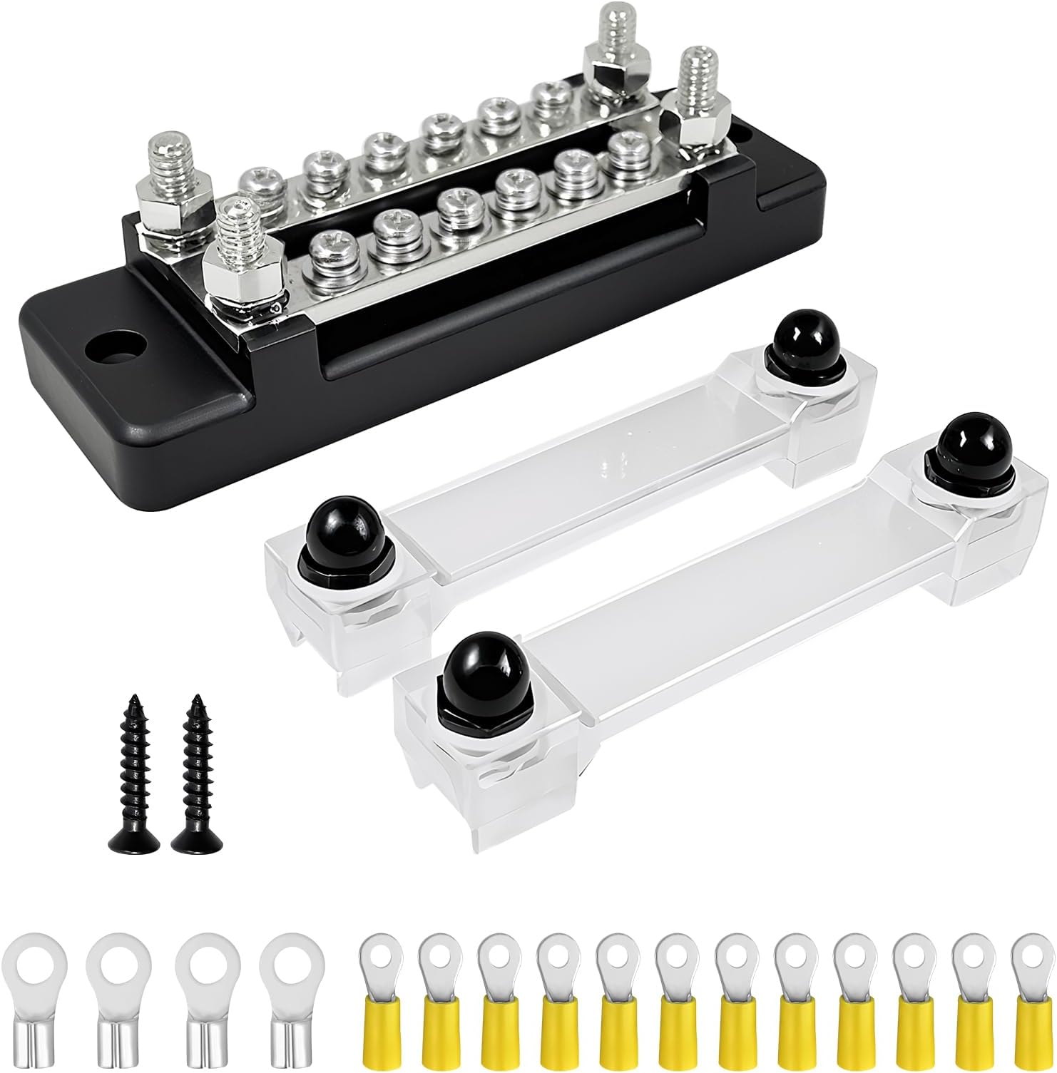 LENKRAD 150A Double-Row Busbar Power Distribution Block 12V Bus Bar with Ring Terminals, 304 Stainless Steel Marine Terminal Block and Ground Buss Bar Kit, 4 x M6 Stud, 12 x M4 Screw