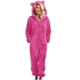Womens Fleece Pajamas Jumpsuit Pants Warm Sherpa Romper Sleepwear One Piece Cute Zipper Hooded Playsuit Loungewear