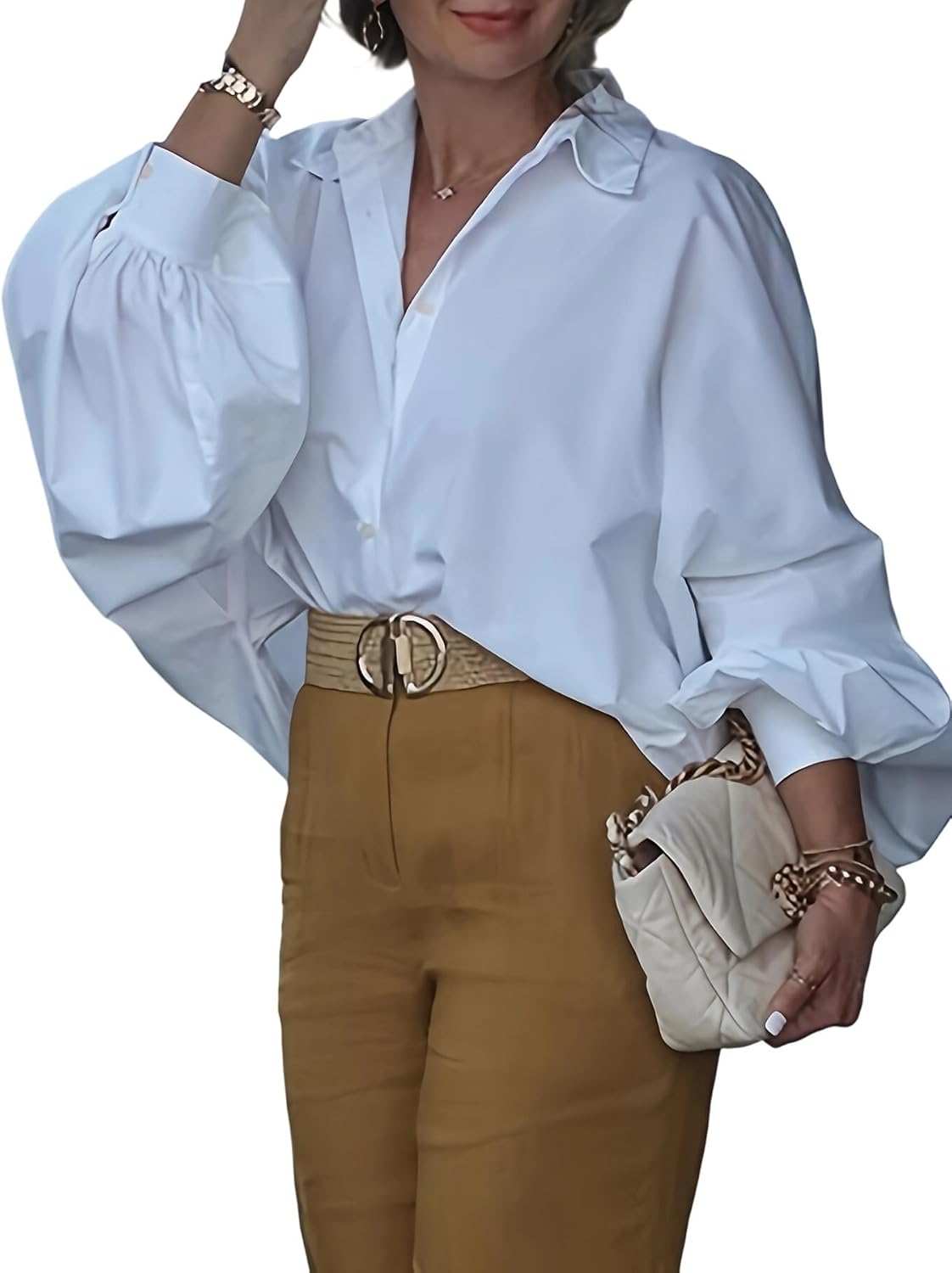 UOOZEE Women's Long Lantern Sleeve Button Down Shirt Cotton Loose Fit Lapel Collar Blouse Dressy Casual Office Work Tops
